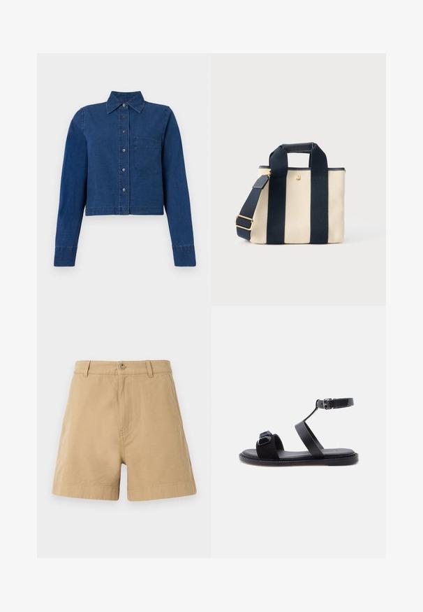 CLOSED CROPPED CLASSIC SHIRT - Nööpidega pluus - dark blue; Beige lühikesed püksid puuvillast, klassikalise disainiga, eesnupu kinnitusega ja vöödega. Sile tekstuur ning küljetaskud.; Mustad tasased sandaalid, millel on pahkluu rihma pandla, varbarihm kahe suure dekoratiivse kiviga ja sile tall peal tühja heleda taustal.; Väike beež lõuendist kandekott, millel on kaks laia musta vertikaalset rihma, lühike käepide ja reguleeritav õlarihm kuldse pandlaga.