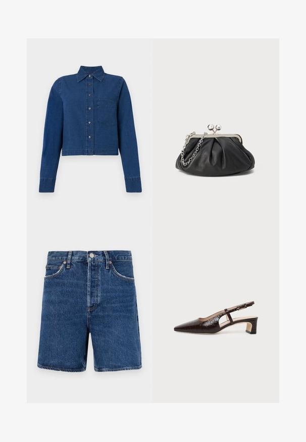 CLOSED CROPPED CLASSIC SHIRT - Overhemdblouse - dark blue; Donkerblauwe denim shorts met een klassieke snit, voorzien van vijf zakken, een knoopsluiting en contrasterende oranje stikdetails.; Donkerbruine slingback schoen van krokodillenleer met een puntige neus, lage blokhak en verstelbare gouden gesp.; Zwarte leren clutch met geplooide textuur, zilverkleurig metalen frame, drukknopsluiting en kettingriem. Glad, zacht oppervlak.