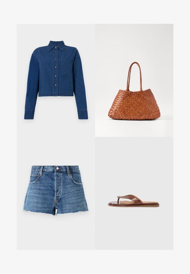 CLOSED CROPPED CLASSIC SHIRT - Hemdbluse - dark blue; FRAME THE HANG - Jeans Shorts - dark blue; Braune Leder-Zehentrenner mit einem strukturierten Riemen und einer glatten Innensohle. Das Design ist minimalistisch und die Sohle flach, geeignet für den lässigen Gebrauch.; DRAGON DIFFUSION SANTA CROCE BIG - Handtasche - tan