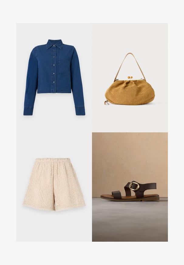 CLOSED CROPPED CLASSIC SHIRT - Overhemdblouse - dark blue; Beige shorts met een gestructureerd, wafelachtig patroon. Elastische tailleband en losse pasvorm. Lengte tot halverwege de dij. Lichtgewicht materiaal.; Bruine leren sandaal met brede banden en een grote gouden gesp, zwevend boven een gestructureerd beige tapijt vlak bij een houten salontafel.; Bruine geweven handtas met een afgeronde vorm, houten bolklemsluiting en een enkele dunne leren schouderriem.