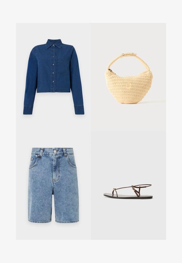 CLOSED CROPPED CLASSIC SHIRT - Overhemdblouse - dark blue; Lichtblauwe denimshorts met een hoge taille, twee voorzakken en een knoopsluiting. Opvallende stikseldetail langs de zoom.; Bruine leren sandaal met dunne banden, een gouden cirkelaccent en een platte zool. Minimalistisch ontwerp met een verstelbare gesp.; Beige geweven handtas met afgerond lichaam, ritssluiting en een korte, dikke band in een eenvoudige, gestructureerde haakstijl.