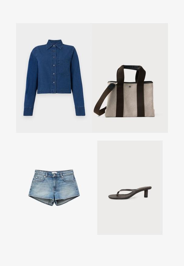 CLOSED CROPPED CLASSIC SHIRT - Paitapusero - dark blue; Siniset farkkushortsit etuknapilla, vyölenkeillä ja taskuilla, valkoisella taustalla.; Ruskea korkokengän tyyppinen varvassandaali, jossa on teksturoitu pohja ja kapea yksittäinen remmi, valkoisella taustalla.; Kangasolkipussi vaaleanbeige, tummanruskeilla kahvoilla ja olkahihnalla. Varustettu vetoketjulla ja mustilla nahkaosuilla. Kompakti muotoilu.