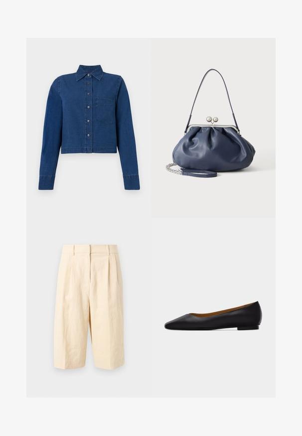 CLOSED CROPPED CLASSIC SHIRT - Skjortebluser - dark blue; Beige shorts med høj talje og knælængde, med bæltestropper og forreste plisseringer, vist mod en ensfarvet lys baggrund.; Sort læder flad sko med spids tå, lav hæl og glat finish, vist fra siden på en lysegrå baggrund.; Blød navyblå læderhåndtaske med sølv lukning, enkelt skulderrem og aftagelig kæde til håndleddet på hvid baggrund.