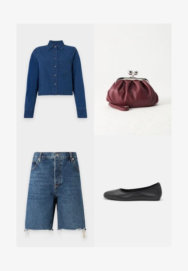 CLOSED CROPPED CLASSIC SHIRT - Overhemdblouse - dark blue; FRAME THE LEISURE - Jeansshort - blue; Zwarte leren ballerina met een ronde neus, gladde textuur, minimale stikdetails en een flexibele zoolontwerp.; Kleine bordeauxrode leren clutch-portemonnee met zilverkleurige metalen sluiting en polsbandje op een witte achtergrond.