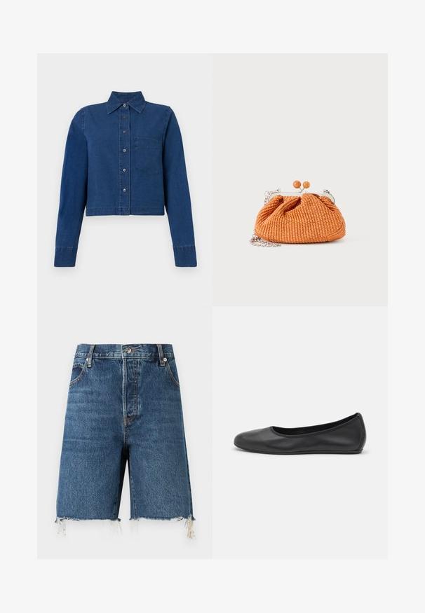 CLOSED CROPPED CLASSIC SHIRT - Overhemdblouse - dark blue; FRAME THE LEISURE - Jeansshort - blue; Zwarte leren ballerina met een ronde neus, gladde textuur, minimale stikdetails en een flexibele zoolontwerp.; Kleine oranje geweven clutch met zilverkleurig metalen frame, ronde sluiting en een zilveren kettingriem op een witte achtergrond.