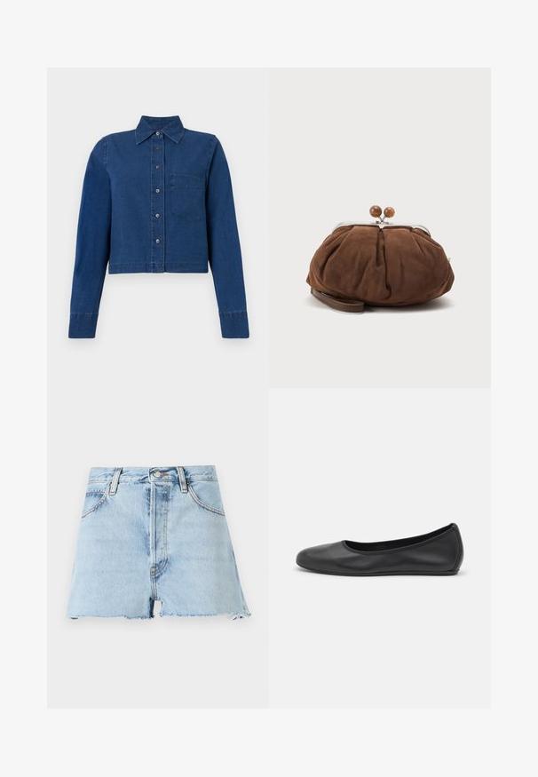 CLOSED CROPPED CLASSIC SHIRT - Blusa - dark blue; FRAME THE DARE - Shorts vaqueros - light blue; Bailarina de piel negra con punta redondeada, textura suave, detalle de costura minimalista y diseño de suela flexible.; Bolso de mano marrón suave de ante con marco metálico plateado y bolas redondas marrones como cierre sobre un fondo claro y sencillo.