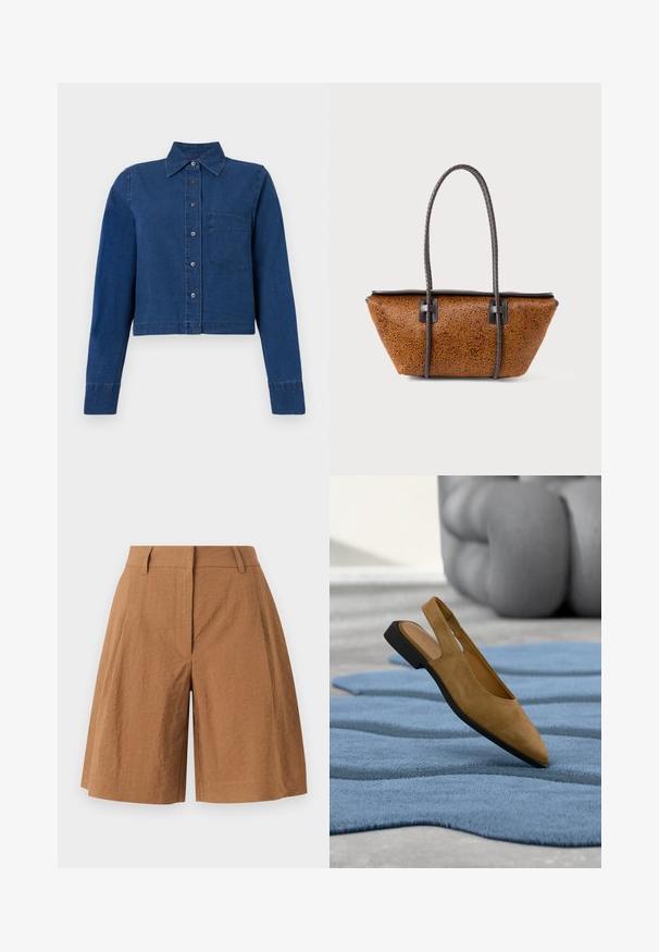 CLOSED CROPPED CLASSIC SHIRT - Overhemdblouse - dark blue; Bruine shorts met hoge taille tot op de knie, met riemlussen, plooien aan de voorkant en een verborgen ritssluiting aan de voorkant op een lichte achtergrond.; Tan suède slingback platte schoen met spitse neus, rustend op een gestructureerd blauw tapijt, met een wazige grijze stenen sculptuur op de achtergrond.; Bruine leren handtas met een trapeziumvorm en lange gevlochten donkerbruine handvatten op een witte achtergrond.