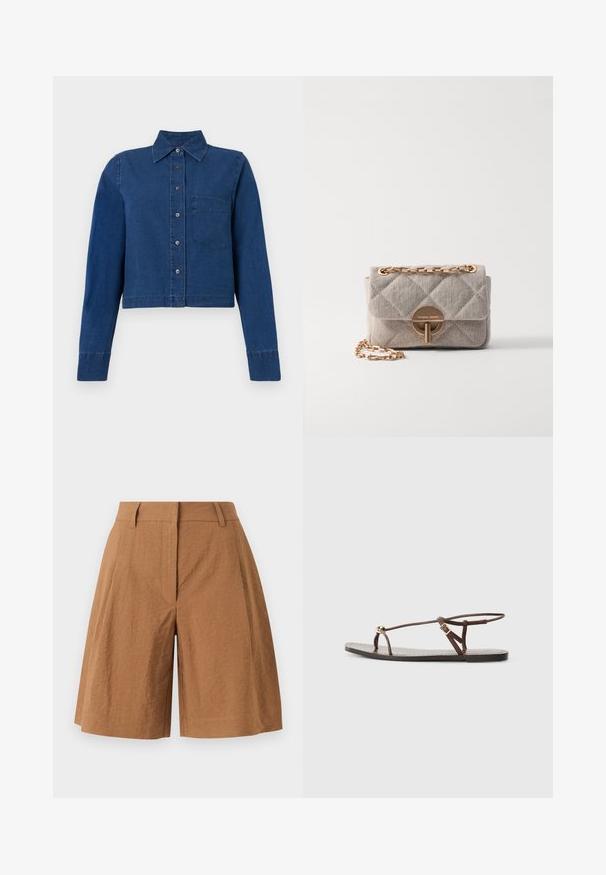 CLOSED CROPPED CLASSIC SHIRT - Overhemdblouse - dark blue; Bruine shorts met hoge taille tot op de knie, met riemlussen, plooien aan de voorkant en een verborgen ritssluiting aan de voorkant op een lichte achtergrond.; Bruine leren sandaal met dunne banden, een gouden cirkelaccent en een platte zool. Minimalistisch ontwerp met een verstelbare gesp.; Vanessa Bruno MOON - Handtas - sable