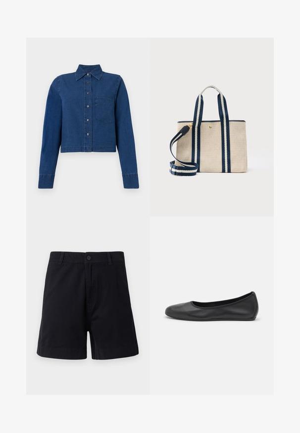CLOSED CROPPED CLASSIC SHIRT - Hemdbluse - dark blue; Dunkelblaue Baumwollshorts mit Knopfverschluss, seitlichen Taschen und geradem Schnitt, mit glatter Textur und einfachem Design.; Schwarze Leder-Ballettschuhe mit abgerundeter Spitze, glatter Textur, minimalen Nähdetails und einem flexiblen Sohlen-Design.; Beigefarbene Stofftragetasche mit navyblauen und weißen gestreiften Griffen sowie abnehmbarem Schulterriemen, ausgestattet mit einem kleinen goldenen Knopfverschluss.