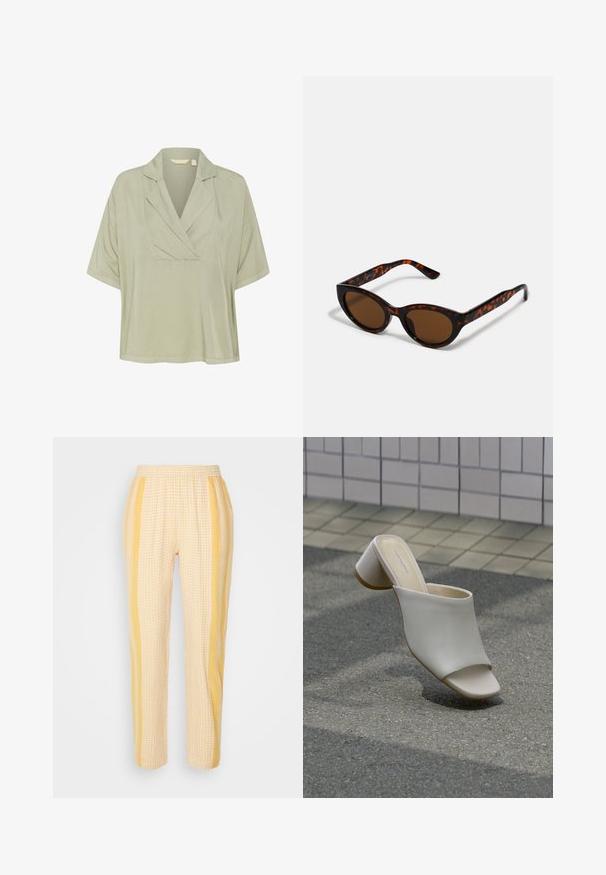 Lysegrøn, kortærmet bluse med en indsnittet krave og løs pasform. Glat tekstur, med plissee ved halsudskæringen for ekstra detaljer.; SUMMERY Copenhagen FREYA PANTS - Bukser - coral; Enkelt hvid åben tå mule med blokhæl på brolagt grund nær flisebelagt væg, vinklet for at vise side- og topudsigt.; Brune skildpadde solbriller med en vintage katteøje-form og brune linser. Har buede arme med røde detaljer.