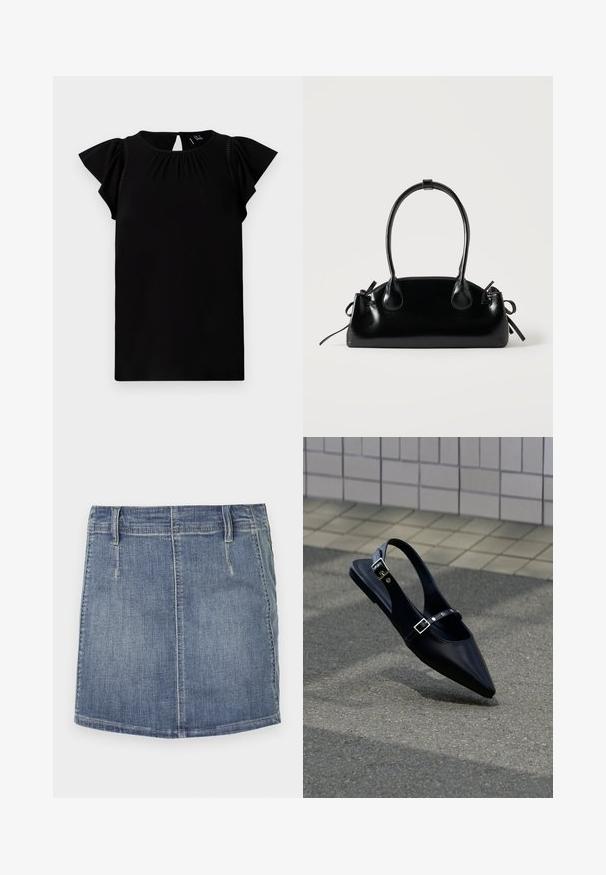 Sort kortærmet top lavet af blød stof, med rund halsudskæring, plisserede detaljer og flagrende ærmer med udskæring på ryggen.; Denim mini nederdel i lys blå med en klassisk pasform. Har forlommer og bæltestropper, samt en lige kant og subtil lysning.; Sort flad slingback med spids tå og dobbelte spænder, hvilende på grå asfalt nær flisevæg.; Lille sort blank håndtaske med to lange håndtag og snøre-detaljer i siden på en ensfarvet lys baggrund.