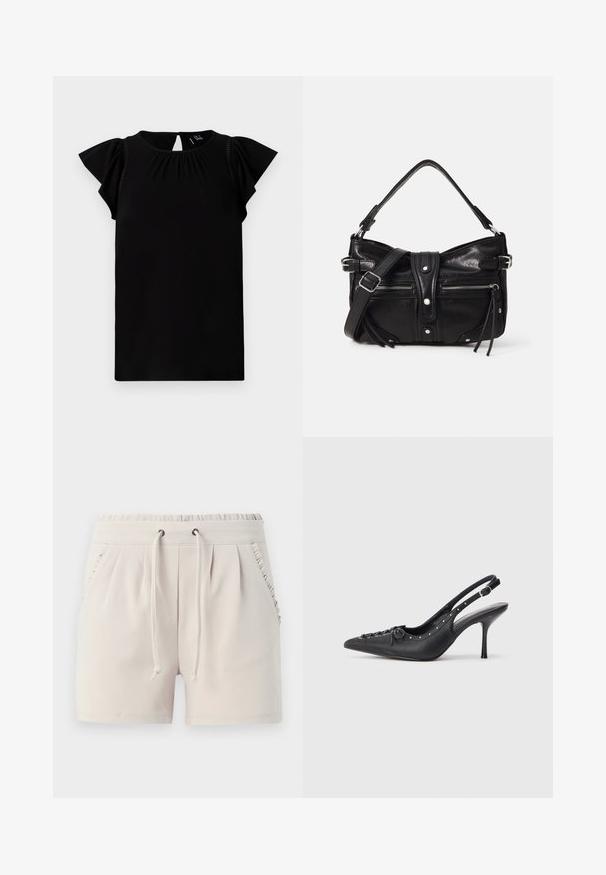 Sort kortærmet top lavet af blød stof, med rund halsudskæring, plisserede detaljer og flagrende ærmer med udskæring på ryggen.; Lyse beige shorts med elastisk talje, snor, sidelommer og flæsedetaljer langs lommekanterne. Blødt stoff.; Sorte læder slingback stiletto med spids tå, side spændebånd, nitter langs kanten og dekorativ snøring foran.; Even&Odd H24462 - Håndtasker - black