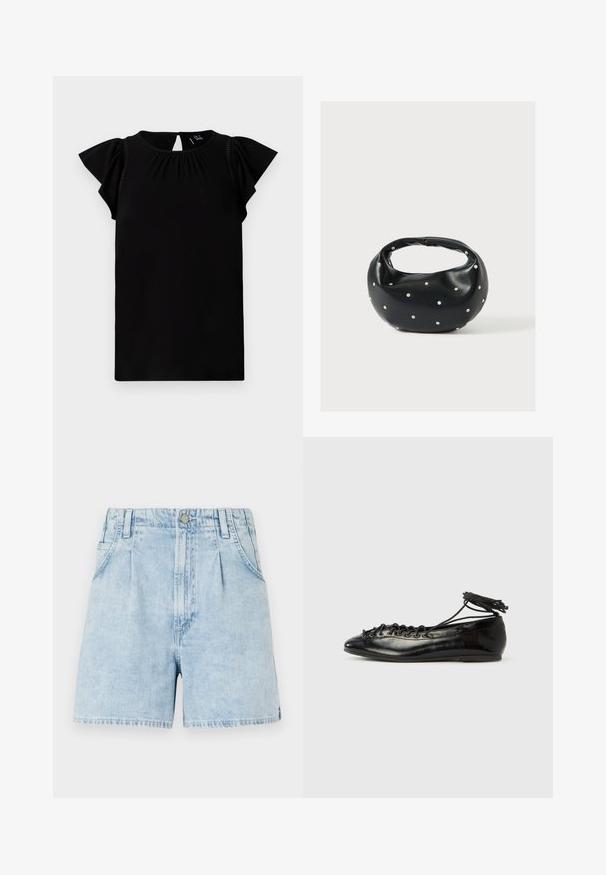 Zwarte kortek mavloeden top gemaakt van zachte stof, met een ronde halslijn, geplooide details en vlinder sleeves met uitsnede aan de achterkant.; Lichtblauwe denim shorts met een hoge taille, voorzien van plooien aan de voorkant, twee zijzakken en een knoopsluiting. Zachte, gestructureerde stof.; Zwarte ballerina's van lakleer met een afgeronde neus, veterdesign en een platte zool. Glad oppervlak met minimale details.; Zwarte leren handtas met een afgeronde vorm, versierd met zilveren studs, en een korte handgreep. Gladde textuur en ritsluiting.