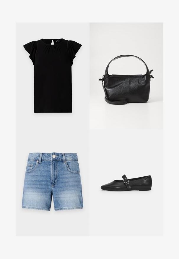 Zwarte kortek mavloeden top gemaakt van zachte stof, met een ronde halslijn, geplooide details en vlinder sleeves met uitsnede aan de achterkant.; Lichtblauwe denimshorts met knoopsluiting aan de voorkant, ritssluiting, lussen voor een riem en voorzakken op een effen witte achtergrond.; Zwarte leren platte schoen met een ronde neus, een enkele verstelbare gespsluiting en een gladde, glanzende textuur. Minimalistisch ontwerp met een lage hak.; Zwarte leren handtas met een gestructureerd ontwerp, een ronde bovenhandgreep en een afneembare schouderriem. Beschikt over een gladde textuur en een subtiele glans.
