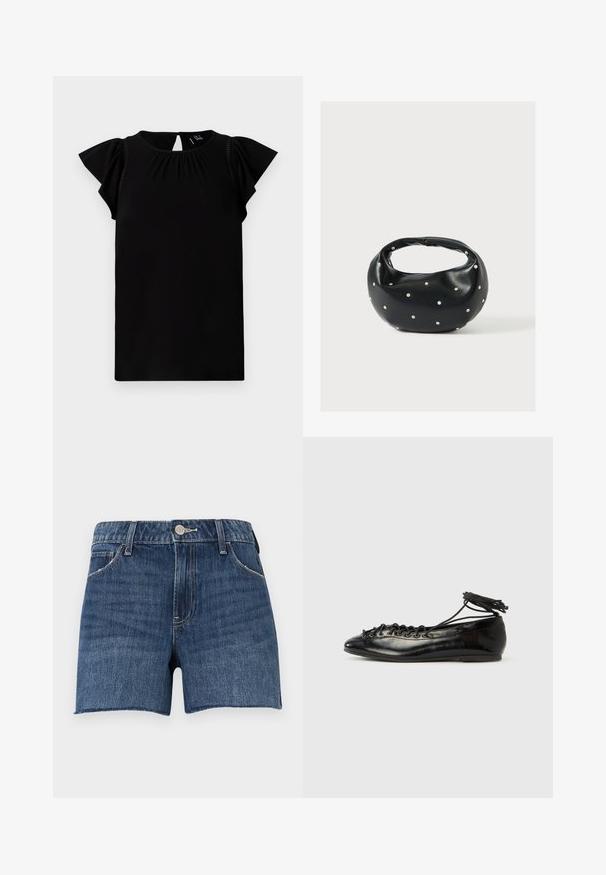 Sort kortærmet top lavet af blød stof, med rund halsudskæring, plisserede detaljer og flagrende ærmer med udskæring på ryggen.; Denimshorts i mørkeblå med rå kant. Har en fem-lomme-design og en frontlukning med metalknap. Syede detaljer overalt.; Sorte balletflade sko i laklæder med rundet tå, snørelukning og flad sål. Glat tekstur med få detaljer.; Sort læderhåndtaske med en rundet form, dekoreret med sølvnitter, og et kort håndtag. Glat tekstur og lynlåslukning.