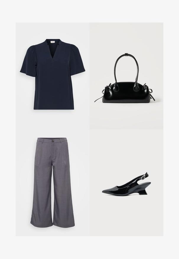 ONLY Carmakoma Tunic CARNOEMI Tunic - Blusa - sky captain; Pantalones grises de pierna ancha hechos de una tela suave, con cierre de botón en el frente, pliegues y un ajuste relajado hasta el tobillo.; Zapato slingback de cuero charol negro con puntera puntiaguda y tacón bajo en bloque inclinado sobre fondo claro liso.; Pequeño bolso negro brillante con dos asas largas y detalles de cordón lateral sobre un fondo claro liso.