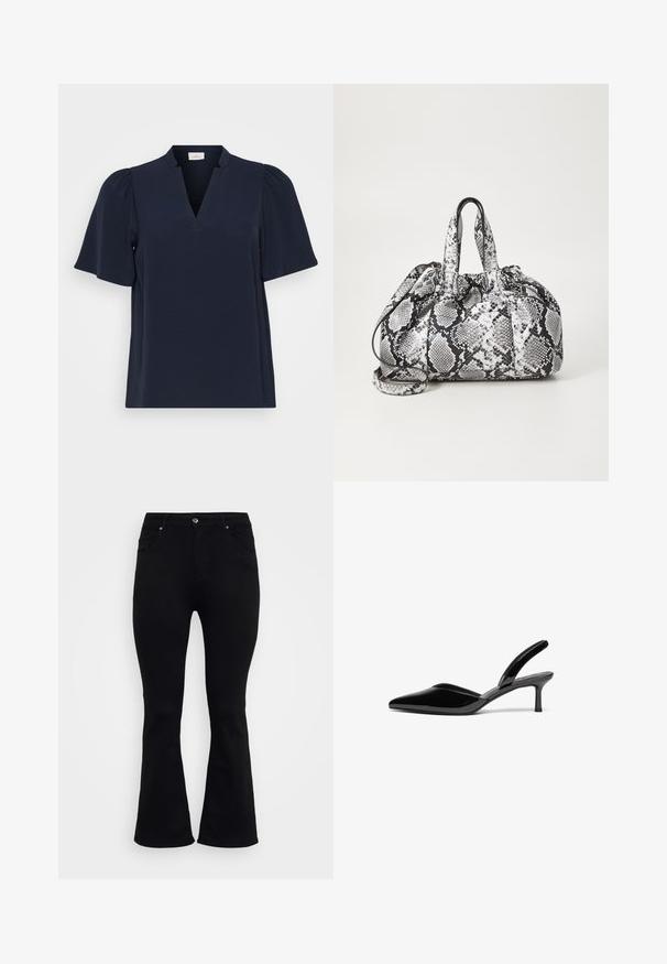 ONLY Carmakoma Tunic CARNOEMI Tunic - Bluse - sky captain; ONLY Carmakoma Flared fit CARWILLY High waist - Flared Jeans - black denim; Schwarze Lackleder-Slingback-Pumps mit spitzem Fuß, niedrigem Stiletto-Absatz und einem eleganten, schlichten Design ohne Verzierungen.; Schwarz-weiße Handtasche im Schlangenhautmuster mit zwei Griffen, einem Kordelzugverschluss und einem abnehmbaren Schultergurt. Glatte Textur.