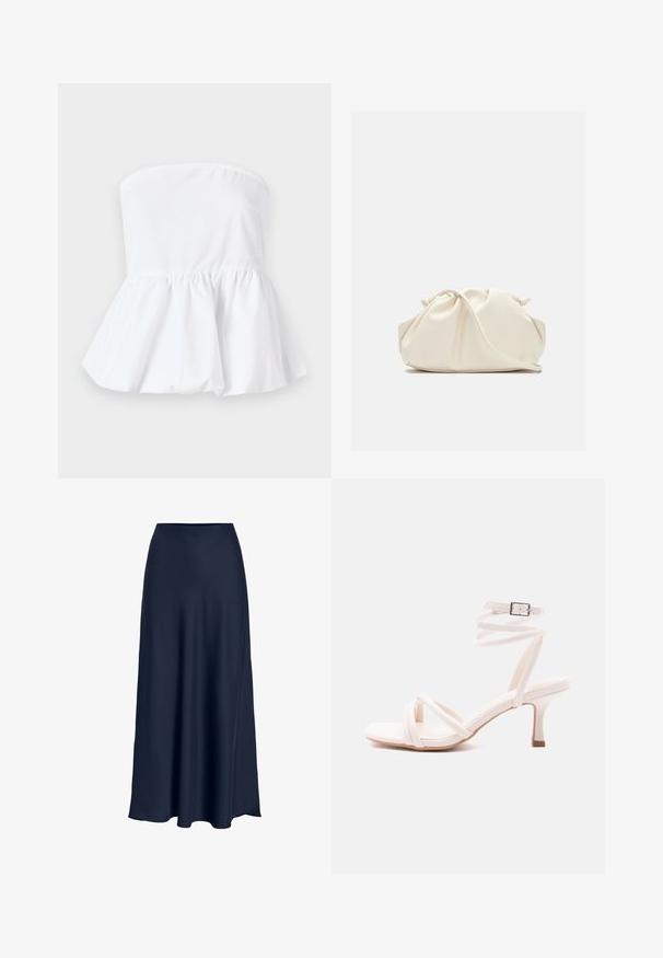 Haut blanc sans manches en tissu léger avec un col élastiqué et un ourlet peplum évasé, présentant une texture lisse.; Jupe maxi en satin bleu marine avec une texture lisse, taille haute et silhouette fluide. Se termine par une légère courbe à l'ourlet.; Sandale blanche à talon avec lanières sur le devant, bride autour de la cheville avec boucle, et talon fin de hauteur moyenne sur un fond uni.; Pochette en cuir souple couleur crème avec un design froncé et une fine bandoulière reposant à l’avant sur un fond uni.