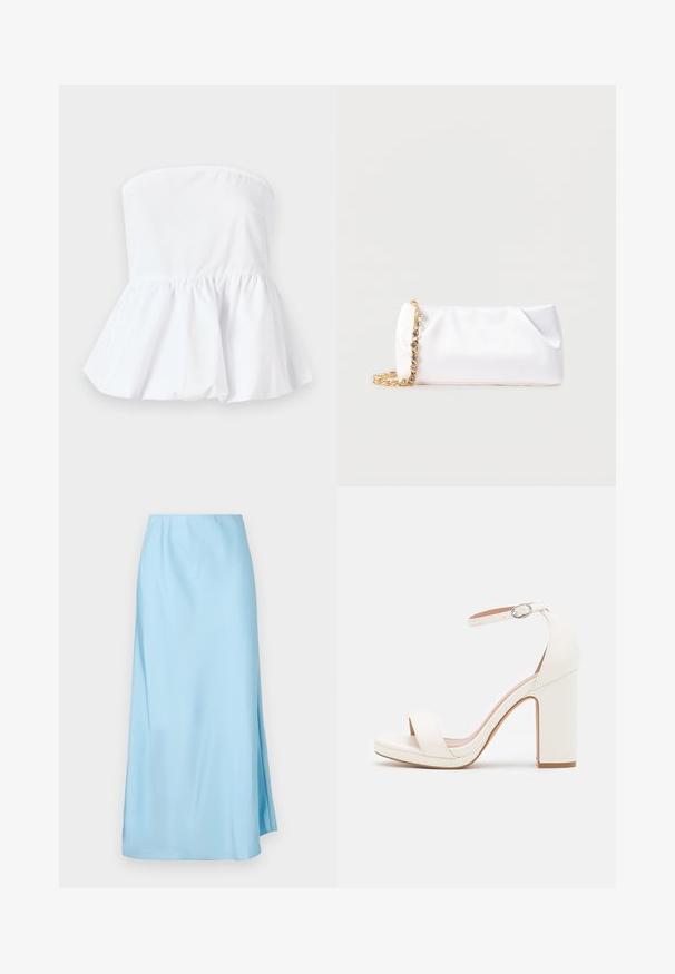 Haut blanc sans manches en tissu léger avec un col élastiqué et un ourlet peplum évasé, présentant une texture lisse.; Jupe midi bleu clair avec une texture lisse, dotée d'une légère fente latérale et d'une ceinture élastique pour le confort et la facilité de port.; Sandale à talon haut blanche avec une bride de cheville, design minimaliste, bout ouvert, talon carré et texture en cuir lisse.; Pochette souple blanche avec bandoulière chaîne dorée ornée de pierres précieuses transparentes, sur fond gris clair uni.