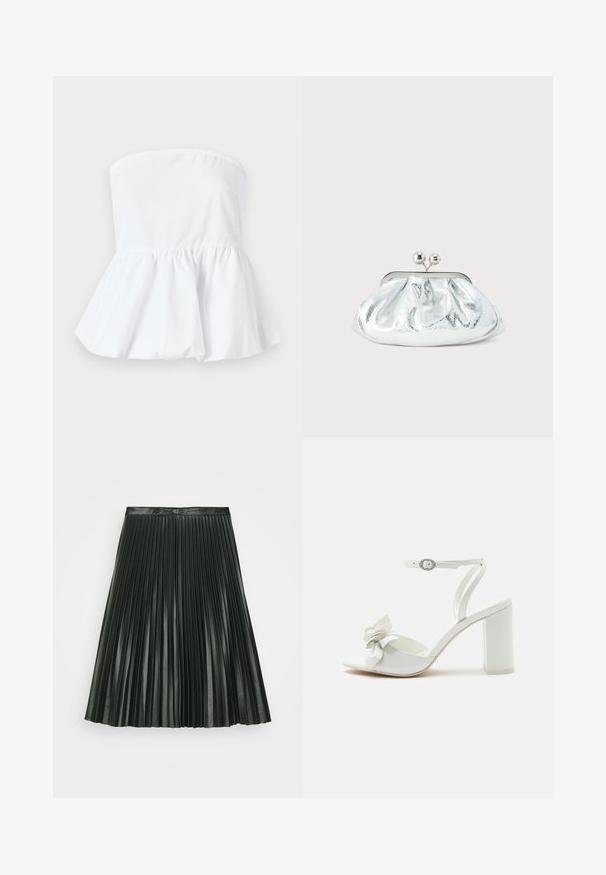 Valge õlgu kattev topp, mis on valmistatud kergest kangast, millel on elastne kaelus ja ülespoole laienev peplum-ääreosa, omades siledat tekstuuri.; Proenza Schouler White Label PLEATED SKIRT - Voltidega seelik - black; Valge kõrge kontsaga sandaal pahkluu rihma ja hõbedase pandlaga, millel on suur dekoratiivne lillemotiiv avatud varbaosas.; Väike hõbedane metallist õlalõikaja ümarate, volditud detailidega ja sulguriga, millel on kaks hõbedast palli.