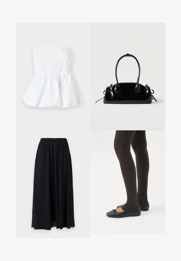 Haut blanc sans manches en tissu léger avec un col élastiqué et un ourlet peplum évasé, présentant une texture lisse.; Jupe maxi noire avec une texture en maille à motif de diamant, taille élastique et légère fronce en haut, avec des accents argentés partout.; Jambes portant des leggings côtelés foncés associés à des ballerines noires avec de petits détails en nœud sur fond blanc.; Petit sac à main noir brillant avec deux longues anses et des détails à cordon sur les côtés sur un fond clair uni.