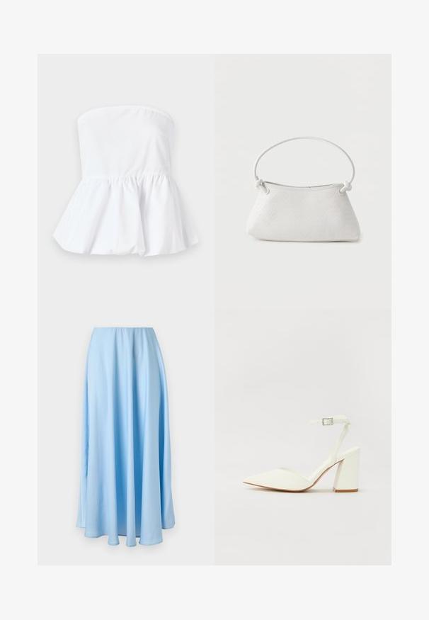 Haut blanc sans manches en tissu léger avec un col élastiqué et un ourlet peplum évasé, présentant une texture lisse.; Jupe bleu clair longue jusqu'au sol, taille haute, avec de doux plis et une texture de tissu fluide et lisse.; Sandale blanche à talon avec un bout pointu, sangle de cheville réglable et un talon carré épais. Texture lisse avec des détails de couture minimaux.; Sac à main en cuir tressé blanc avec poignée arrondie et extrémités de lanière nouées, présenté sur un fond uni.