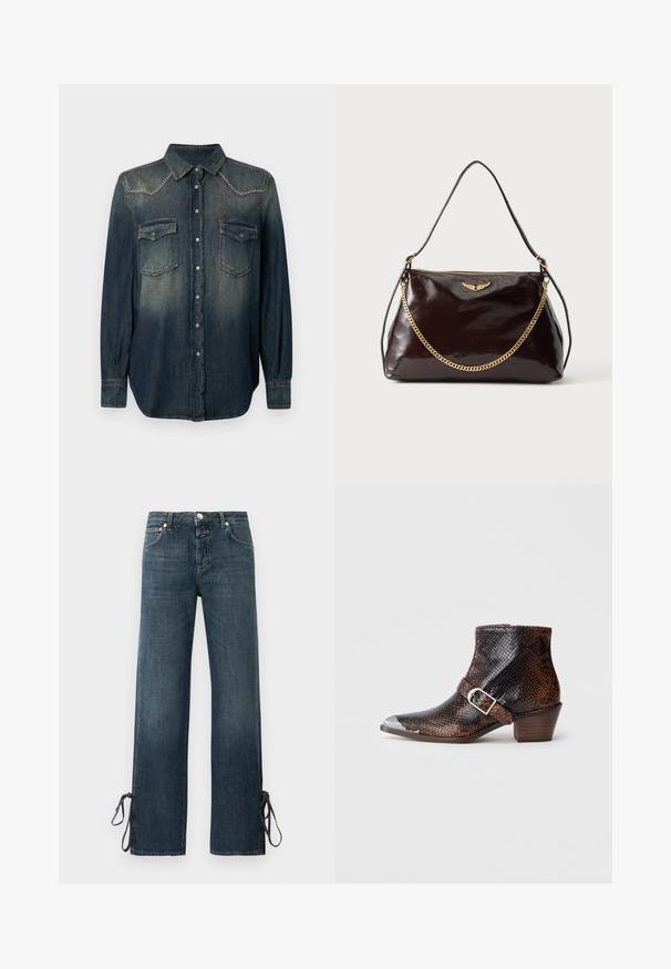 Chemise en denim bleu foncé à manches longues, col pointu, deux poches sur la poitrine et accents en clous argentés sur le dos. Fermeture à boutons sur le devant.; Jean large bleu foncé avec poches avant et liens en bas des ourlets sur fond uni.; Bottines à imprimé serpent noir et brun avec un embout en métal argenté, accent de boucle et un petit talon en bois. Texture lisse, design ajusté.; Sac à main en cuir brillant marron foncé avec un emblème en forme d'aile dorée, détail de chaîne dorée et une fine bandoulière en cuir sur un fond uni.
