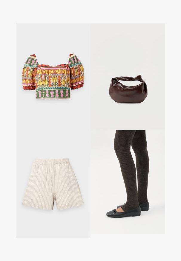 Haut court coloré avec des manches bouffantes, présentant des motifs floraux et d'ananas complexes en rouge, jaune, rose, vert et bleu sur un fond clair.; Bermudas beige clair avec texture en côtes verticales, taille élastique et coupe décontractée. Le tissu est doux et respirant.; Jambes portant des leggings côtelés foncés associés à des ballerines noires avec de petits détails en nœud sur fond blanc.; Sac bandoulière en cuir marron foncé avec une forme souple et décontractée et une anse nouée torsadée sur un fond blanc uni.