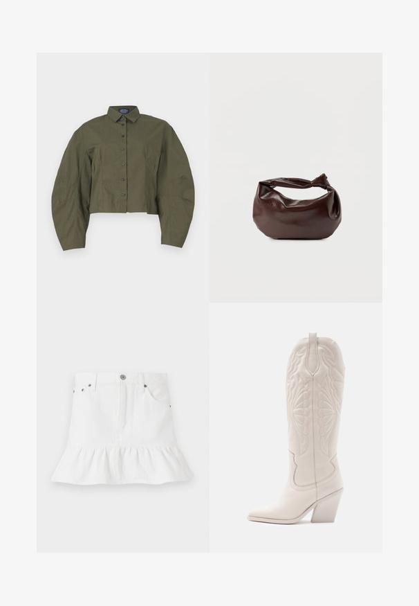 Abgeschnittenes, olivgrünes Hemd mit Knöpfen, strukturiertem Kragen, schulterlangen Puffärmeln und schwarzen Knöpfen. Glattes Material mit minimaler Struktur.; Weiße Jeans-Rock mit einem Rüschensaum, der ein Fünf-Taschen-Design, eine vordere Knopfschließe und Metallakzente aufweist.; Weiße Leder-Cowboystiefel mit spitzer Zehe und blockiertem Absatz. Sie verfügen über aufwendige Steppmuster am Schaft und eine glatte Textur.; Dunkelbraune Lederschultertasche mit weicher, lockerer Form und einem gedrehten Knotengriff vor schlichtem weißem Hintergrund.
