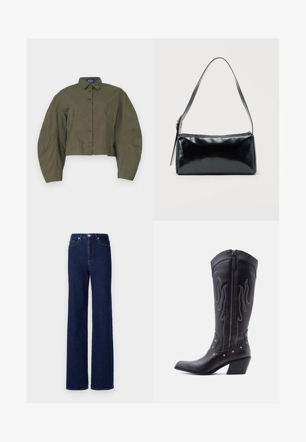Abgeschnittenes, olivgrünes Hemd mit Knöpfen, strukturiertem Kragen, schulterlangen Puffärmeln und schwarzen Knöpfen. Glattes Material mit minimaler Struktur.; Dunkelblaue Denim-Jeans mit hoher Taille, weitem Bein und klassischem Fünf-Taschen-Design. Abgerundet mit kontrastierenden Nähten und einem Metallknopf.; Schwarze Cowboy-Stiefel aus Leder mit spitzer Zehenpartie, sichtbarer Nahtführung, silbernen Nietenakzenten und Reißverschluss auf der Innenseite.; Schwarze rechteckige Schultertasche mit einem verstellbaren Riemen und einem oberen Reißverschluss vor einfachem Hintergrund.