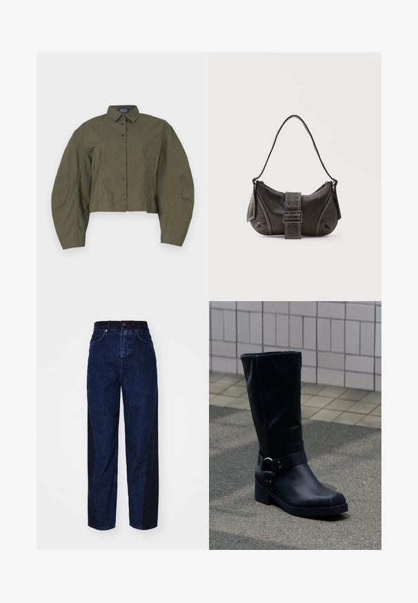 Abgeschnittenes, olivgrünes Hemd mit Knöpfen, strukturiertem Kragen, schulterlangen Puffärmeln und schwarzen Knöpfen. Glattes Material mit minimaler Struktur.; Dunkelblaue Denim Jeans mit entspannter Passform, ausgestattet mit einem kontrastierenden, dunkleren seitlichen Einsatz, fünf Taschen und einem Knopfverschluss.; Schwarzer Lederstiefel bis zur Mitte der Wade mit niedrigem Blockabsatz und dekorativem Riemen mit Metallschnalle um den Knöchel, auf einem gefliesten Gehweg.; Schwarze Leder-Schultertasche mit Schnallengurt-Detail, abgerundeten Kanten und kontrastierenden weißen Nähten auf schlichtem Hintergrund.