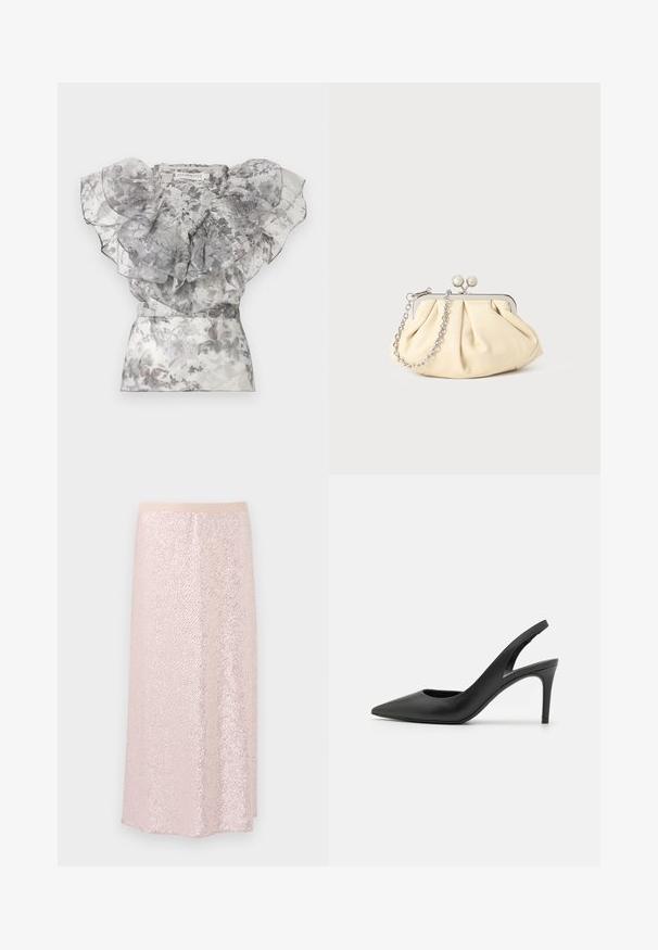 Blouse florale transparente à volants en nuances de gris avec larges manches superposées et taille cintrée, présentée à plat sur fond blanc.; Jupe en sequins roses avec une taille lisse, présentant une surface texturée et un design en A longueur genoux. Les sequins réfléchissants créent un effet scintillant.; Escarpins à talon aiguille en cuir noir, avec un design à bout pointu, présentant une découpure à l'avant et un talon fin.; Pochette en cuir beige plissé avec un cadre en métal argenté, dotée de deux fermoirs ronds décoratifs et d'une chaîne en argent.