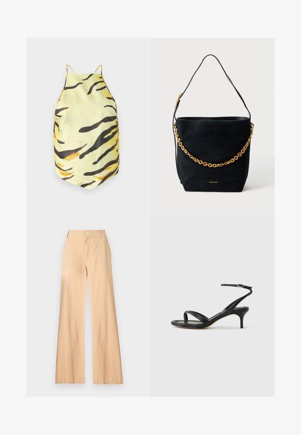Haut en tissu jaune avec un motif rayé tigre noir et orange, doté de fines bretelles et d'une coupe ajustée. Texture lisse, sans matériel visible.; Pantalons larges beiges en coton, dotés d'une fermeture éclair à l'avant, d'une fermeture à bouton et de deux poches latérales avec une texture lisse.; Sandale pour femme en cuir noir avec fines lanières, une boucle d'orteil, une boucle à la cheville et un talon aiguille de hauteur moyenne sur un fond neutre.; Sac seau en daim noir avec détail chaîne dorée et fine bandoulière, petit logo "Michael Kors" doré en bas au centre.