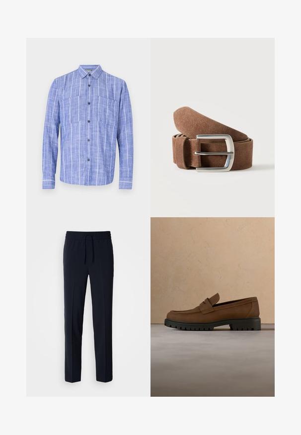 Camisa azul de manga larga con rayas verticales blancas, cierre de botones en la parte delantera, dos bolsillos en el pecho y cuello clásico.; Pantalones ligeros azul marino con cintura elástica y cordón ajustable, que presentan un diseño de corte recto y una textura suave.; Mocasín de cuero marrón oscuro con suela gruesa de goma negra, mostrado sobre una alfombra beige y fondo de sofá.; Cinturón de ante marrón enrollado con hebilla rectangular de metal plateado sobre fondo liso y claro.