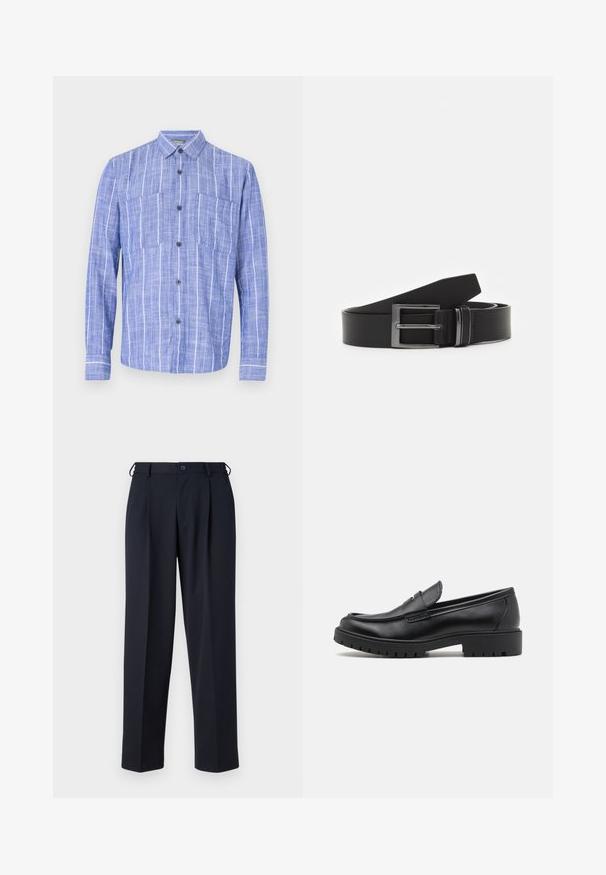 Blauw overhemd met lange mouwen en witte verticale strepen, knoopsluiting aan de voorkant, twee borstzakken en een klassieke kraag.; Donkerblauwe op maat gemaakte broek met knoop- en ritsluiting aan de voorkant, riemlussen en zijzakken, getoond op een witte achtergrond.; Zwarte leren instappers met een ronde neus, slip-on ontwerp en dikke rubberen zool met een gestructureerde grip. Verhoogde hak en subtiele stikdetails.; Zwarte leren riem met een rechthoekige zilveren metalen gesp, vlak ontwerp en een gladde textuur. De uiteinden zijn taps toelopend voor gemakkelijke threading.