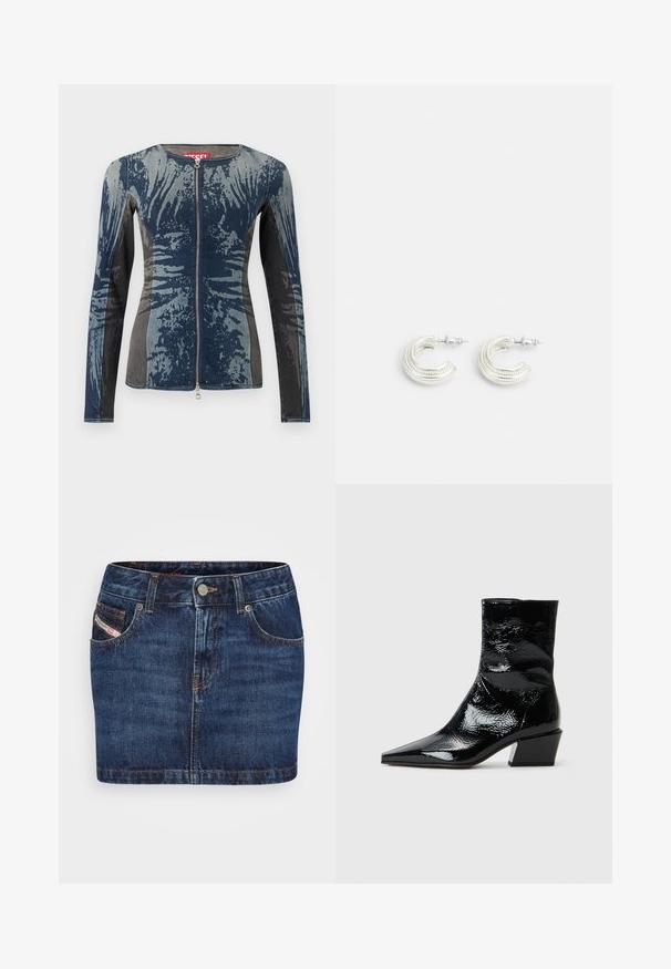 Denimjakke med en blanding af blå og grå, lynlås foran, lange ærmer og et unikt abstrakt mønster. Struktureret stof.; Denim nederdel i mørkeblå med en tætsiddende design, fem lommer og orange syninger. Har en metalknaplukning i taljen.; Sorte lakerede ankelstøvler med spids tå, struktureret overflade og kraftig blokhæl. Elegant design med en glat, blank overflade.; Sølvfarvede øreringe i et snoet hoopsdesign, med en struktureret overflade og ribbet detaljer, sikret med en postlås.