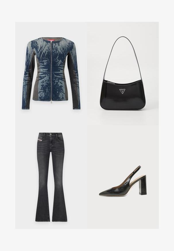 Denimjakke med en blanding af blå og grå, lynlås foran, lange ærmer og et unikt abstrakt mønster. Struktureret stof.; Mørkegrå denim flared jeans med høj talje, fem-lomme design, sølv hardware og subtil falmning. Har et mærket sidelabel.; Sort læder peep-toe slingback sko med høj blokhæl og beige indvendig foring mod en ensfarvet lys baggrund.; Sort patenteret læder skuldertaske med en buet form, prydet med et sølvfarvet trekantet logo og en lynlås-lukning. Glat tekstur og slank rem.