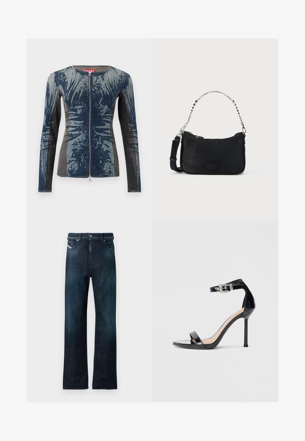 Denimjakke med en blanding af blå og grå, lynlås foran, lange ærmer og et unikt abstrakt mønster. Struktureret stof.; Mørkeblå denimjeans med lige ben, udstyret med knaplukning foran og sidelommer. Blød tekstur med en let falmet effekt.; Sort højhælet sandal i laklæder med ankelrem. Har minimalistisk design, åben tå og spænde med rhinsten-detaljer.; Sort skuldertaske i stof med lynlås i toppen, kæde- og læderrem samt et tekstureret logo på forsiden. Har en glat yderside.