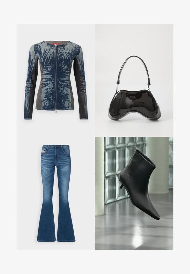 Denimjakke med en blanding af blå og grå, lynlås foran, lange ærmer og et unikt abstrakt mønster. Struktureret stof.; Flared jeans i mellemblå denim med høj talje, fem-lomme design og subtile whiskering-detaljer ved lårene.; Sort læderankelstøvle med spids tå og lav kitten-hæ, vist vinklet mod en poleret gulv- og glasblokvæg.; Sort patentlæder håndtaske med en unik buet form, kort justerbar hank og en lynlåslukning i toppen. Glat tekstur med diskret branding.