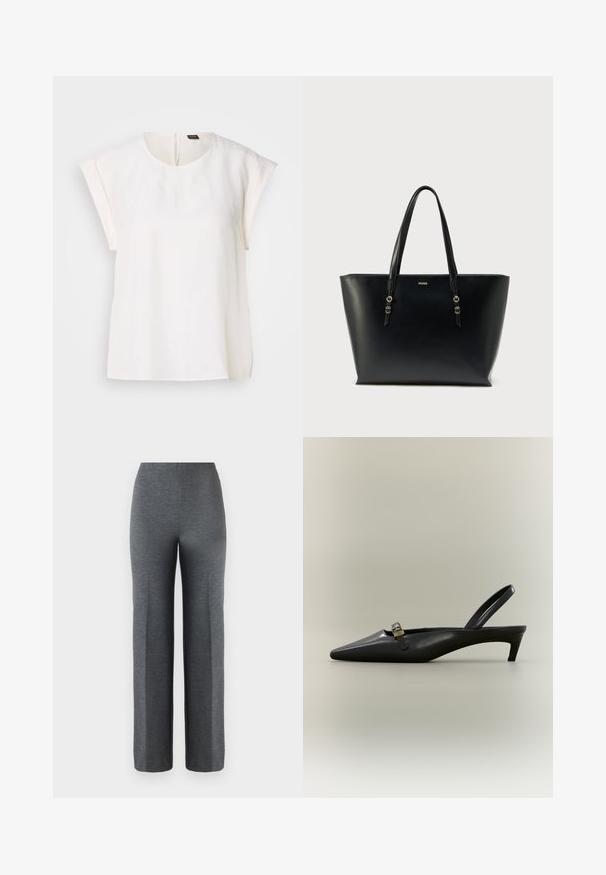 Blouse blanche à manches courtes avec encolure ronde et coupe ample, avec une petite étiquette noire et orange au dos du col.; Pantalons larges gris en tissu doux et texturé. Présentent une taille haute et aucun matériel ou embellissement visible.; Escarpin slingback en cuir noir avec talon kitten, bout pointu et petite boucle dorée sur un fond uni.; Sac fourre-tout noir en cuir lisse, doté de deux poignées, d'accents en métal doré et d'un design minimaliste avec logo sur le devant.