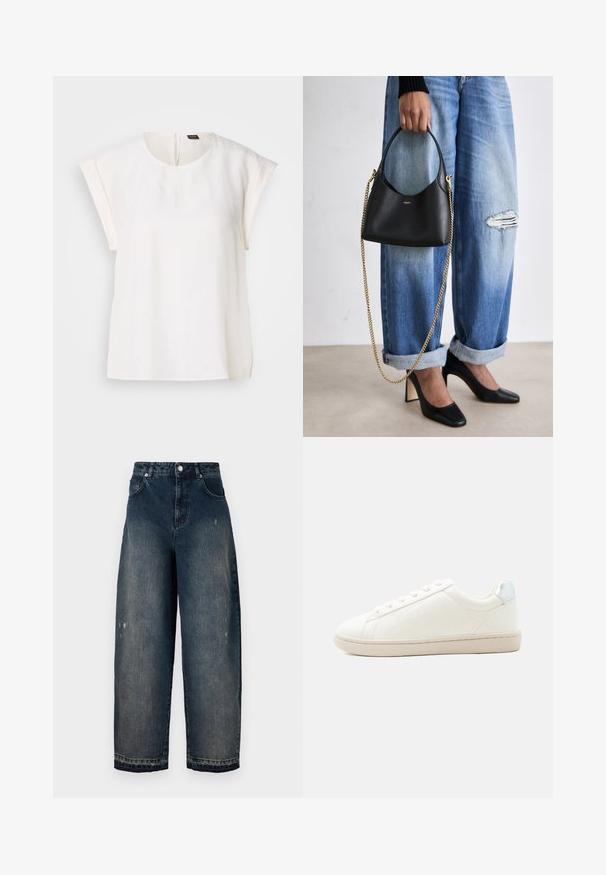 Blouse blanche à manches courtes avec encolure ronde et coupe ample, avec une petite étiquette noire et orange au dos du col.; Jean en denim foncé à jambes larges avec une taille haute, cinq poches, couture visible et léger effet usé sur le devant. Fermeture classique à boutons et zip.; Baskets blanches basses avec fermeture à lacets, semelle beige clair, motif subtil cousu sur le côté, et languette de talon métallique argentée.; Sac en cuir noir avec une forme courbée, une courte poignée et une bandoulière en chaîne dorée. Porté avec un jean bleu déchiré et des escarpins noirs.
