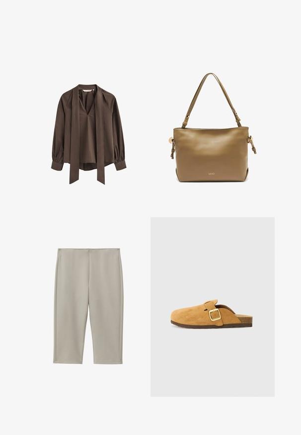 Braune Bluse mit langen Ärmeln und tiefem V-Ausschnitt, befestigtem breiten Halsband und gerafften Bündchen.; Beige knielange, gerade geschnittene Hose aus glattem Stoff mit sichtbaren Seitennähten und einem schlichten Bund.; Braune Wildlederclogs mit seitlichem Riemen und goldener Schnallendetail. Flache Sohle mit strukturiertem Finish, offener Ferse und runder Zehenform.; Braune synthetische Handtasche mit glatter Textur, zwei Schulterriemen und goldfarbenen Beschlägen. Vorn mit Markenlogo versehen.