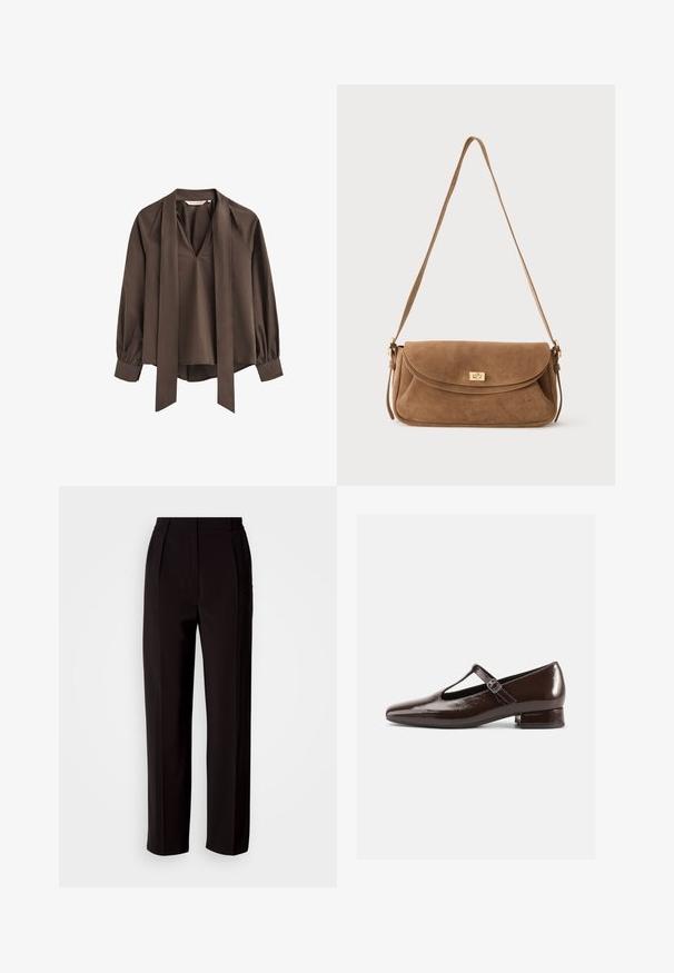 Blusa marrón de manga larga con escote en V profundo, corbata ancha adjunta y puños fruncidos.; Pantalones negros a medida con diseño de pierna recta, textura suave, pinzas frontales y cintura alta para un aspecto estructurado.; Zapatos Mary Jane de charol marrón con punta redondeada, diseño recortado y una correa ajustable. Tacón bajo y ancho.; Bolso de hombro de ante marrón con una correa larga y un cierre giratorio rectangular dorado en la solapa delantera sobre un fondo liso.
