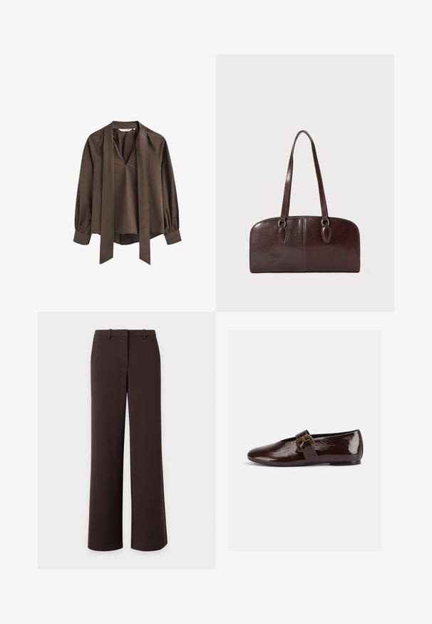 Blusa marrón de manga larga con escote en V profundo, corbata ancha adjunta y puños fruncidos.; Pantalones de pierna ancha en marrón oscuro con trabillas para el cinturón y cierre frontal oculto, mostrados extendidos sobre un fondo blanco.; Zapato plano de charol marrón oscuro con una gran hebilla dorada y puntera redondeada, mostrado de perfil sobre un fondo blanco.; Bolso de piel marrón con dos asas largas, forma rectangular estructurada, textura suave y bordes redondeados. Presenta detalles de acentuación en las asas.