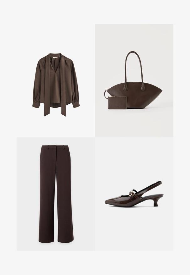 Blusa marrón de manga larga con escote en V profundo, corbata ancha adjunta y puños fruncidos.; Pantalones de pierna ancha en marrón oscuro con trabillas para el cinturón y cierre frontal oculto, mostrados extendidos sobre un fondo blanco.; Marco Tozzi Tacones - cinnamon; Bolso de mano de cuero marrón oscuro con asas largas y pequeño bolso con cremallera a juego sobre un fondo claro y liso.