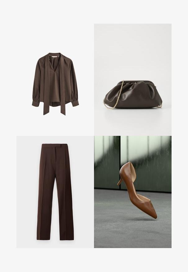 Bruine blouse met lange mouwen en diepe V-hals, bevestigde brede stropdas en gather cuffs.; Donkerbruin recht gesneden op maat gemaakte broeken met een tailleband en een verborgen sluiting aan de voorkant op een witte achtergrond.; Bruine leren damesschoen met hoge hak, puntige neus, smalle hak en open zijkanten, afgebeeld tegen een neutrale grijze achtergrond.; Bruine leren handtas met een geaccentueerd ontwerp, gouden kettinghengsel en een zachte, textuurafwerking. Compacte vorm geschikt voor avondgebruik.