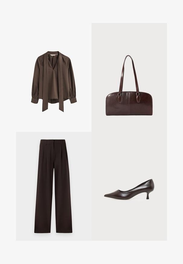 Blusa marrón de manga larga con escote en V profundo, corbata ancha adjunta y puños fruncidos.; Pantalones marrón oscuro de pierna ancha con pliegues y trabillas para cinturón, con cremallera frontal y dobladillo limpio sobre un fondo liso.; Zapato de tacón bajo de cuero marrón oscuro con punta afilada sobre fondo blanco.; Bolso de piel marrón con dos asas largas, forma rectangular estructurada, textura suave y bordes redondeados. Presenta detalles de acentuación en las asas.