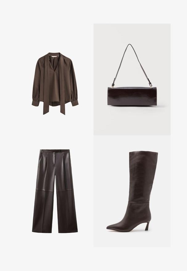 Blusa marrón de manga larga con escote en V profundo, corbata ancha adjunta y puños fruncidos.; Pantalones anchos de talle alto en marrón oscuro de imitación cuero, con bolsillos delanteros y detalles de costuras sobre las rodillas.; Steve Madden LAVAN - Botas - brown; Bolso rectangular de cuero negro con una sola correa larga y acabado brillante, exhibido sobre un fondo blanco liso.