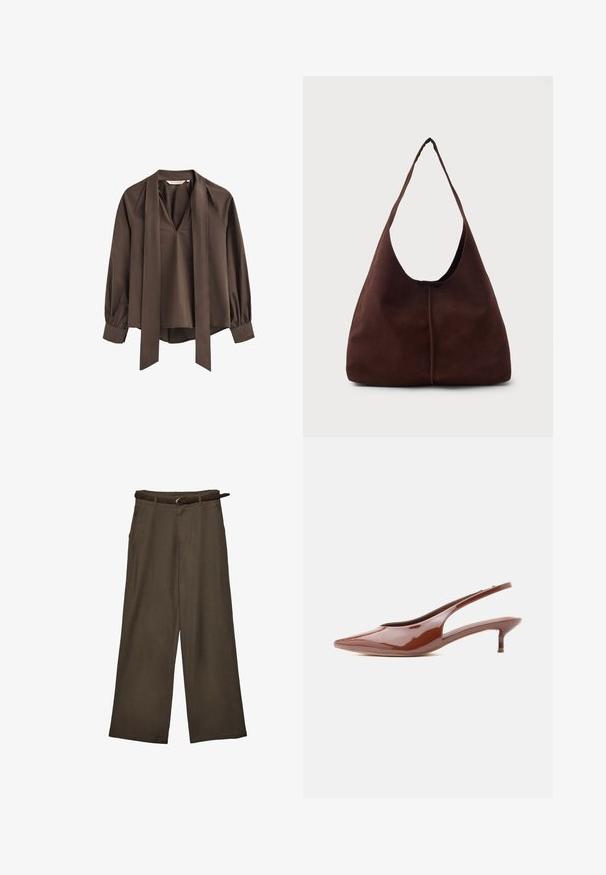 Brun langærmet bluse med dyb V-udskæring, fastgjort bred slips og rynkede manchetter.; Brune bukser med brede ben og et matchende brunt bælte, lagt fladt mod en hvid baggrund.; Blank brun slingback kitten heel med spids tå og lav, slank hæl på hvid baggrund.; Brun suedette hobo taske med en stor, buet åbning og en bred skulderrem. Har en centreret søm på forsiden. Glat tekstur.