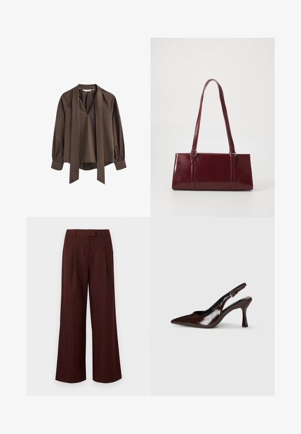Blusa marrón de manga larga con escote en V profundo, corbata ancha adjunta y puños fruncidos.; Pantalones de pierna ancha y cintura alta en marrón oscuro con presillas para cinturón y pliegues frontales, presentados sobre un fondo blanco liso.; Zapatos de tacón slingback de charol marrón con punta afilada, tacón delgado y correa ajustable con una pequeña hebilla.; Bolso burdeos hecho de material brillante, de forma rectangular, con dos asas para el hombro y sutiles acentos curvados en la parte frontal.